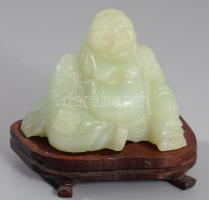 Faragott jáde Buddha figura, fa talpon, 9x8 cm