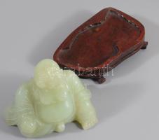 Faragott jáde Buddha figura, fa talpon, 9x8 cm