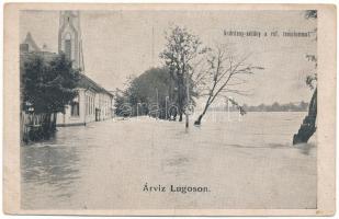 1912 Lugos, Lugoj; Árvíz Lugoson. Andrássy sétány, Református templom. Naschitz László kamara fényképész felvétele, Gutenberg nyomda kiadása / flood, flooded street and Calvinist church (fl)