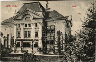 1911 Léva, Levice; Schöller-kastély. Mercur nyomda kiadása / castle + "LÉVA P.U." "G.BERZENCZE - P.NÁNA 88. SZ." vasúti mozgóposta bélyegző (EK)