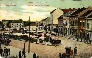 1923 Kolozsvár, Cluj; Széchenyi tér és piac, Burgya Adolf üzlete. Lepage Lajos kiadása / square, market, shops (fa)