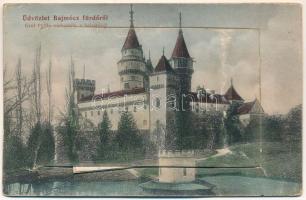 Bajmócfürdő, Bojnické kúpele (Bojnice); Gróf Pálffy várkastély a halastóval. Leporellolap 10 képpel. Gubits B. kiadása / castle with lake, leporellocard with 10 images (gyűrődések / creases)