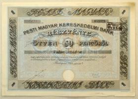 1928. Budapest "Pesti Magyar Kereskedelmi Bank" névre szóló részvénye 50P-ről, szelvényekkel, szárazpecséttel, bélyegzéssel T:VF kis anyaghiány, folt