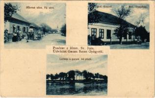 1926 Garamszentgyörgy, Jur nad Hronom; Hlavná ulica, Ref. Kostol / Fő utca, református templom, látkép a Garam folyóról, üzlet / main street, Calvinist church, view from the river (EB)