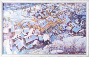 Kovács Árpád (1967-): Iklad télen, madártávlatból, 1996. Olaj, vászon. Jelezve jobbra lent. 37x59,5 cm. Fakeretben.