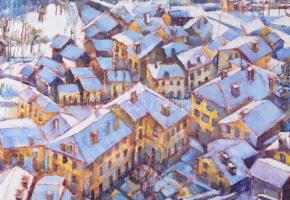 Kovács Árpád (1967-): Iklad télen, madártávlatból, 1996. Olaj, vászon. Jelezve jobbra lent. 37x59,5 ...