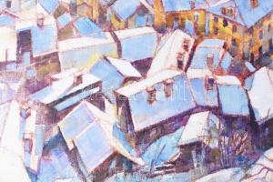 Kovács Árpád (1967-): Iklad télen, madártávlatból, 1996. Olaj, vászon. Jelezve jobbra lent. 37x59,5 ...