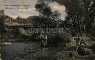 1910 Korompa, Krompach, Krompachy (Szepes); vasgyár, iparvasút, Hernád, híd. Balkányi S. kiadása / ironworks, iron factory, industrial railway, bridge (fl)