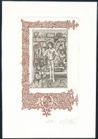 Vén Zoltán (1941- ): Corvina Bibliotheca (kisgrafika Jézus ábrázolással). Rézkarc, papír, jelzett, művészpéldány EA I/XX számozással, 15,5×9,5 cm