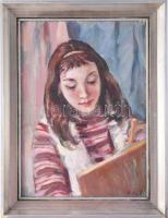 Balogh András (1919-1972): Rajzoló lány. Olaj, vászon, jelzett. Hátoldalán Iskola Galéria raglapjával. Dekoratív, üvegezett, kissé kopott fakeretben, 34×24 cm