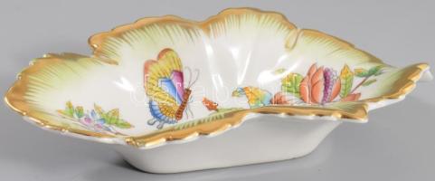 Herendi Viktória mintás levél alakú tálka, jelzett, hibátlan, 15x9 cm