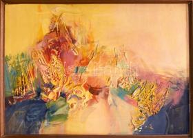 Kiss Elek (1938-1995): Színes kép (cím nélkül). Olaj, vegyes technika, farost. Jelezve jobbra középen. Apró felületi sérülésekkel. Fakeretben. 80x110 cm. KIZÁRÓLAG SZEMÉLYES ÁTVÉTEL, NEM POSTÁZZUK / ONLY PERSONAL COLLECTION IN OUR OFFICE!