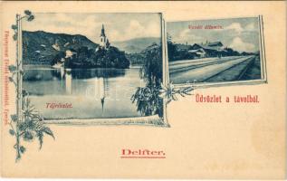 Lesce-Bled, vasútállomás, templom a szigeten. Fénynyomat Divald műintézetéből / railway station with church on the island, Hungarian edition. Art Nouveau, floral (fl)