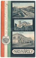 1908 Nagykároly, Carei; Széchenyi utca, Római katolikus templom, Megyeháza. Csókás László kiadása, montázs magyar zászlóval és címerrel / street view, Catholic church, county hall. Montage with Hungarian flag and coat of arms (Rb)