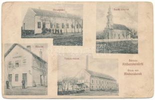 1913 Kisbecskerek, Becicherecu Mic, Kleinbetschkerek; községháza, vasútállomás, Terézia malom, szerb ortodox templom. Klein Jakab kiadása / town hall, railway station, mill, Serbian Orthodox church (fa)