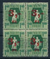 1946 Forint-fillér 3Ft négyestömb, a jobb alsó bélyegen apró lemezhiba a sarlónál