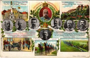 1908 Üdvözlet a veszprémi hadgyakorlótérből. Őfelsége a császár és király jelenléte alkalmából készült emléklap. Ferenc József, Schönaich, Graf Üxküll, Franz Ferdinand, Konrad Hötzendorf, Erz. Friedrich, Steininger, Gerba / Greeting card from the military practice area of Veszprém. Memorial card of Franz Jospeh's visit. Art Nouveau, litho (kopott sarkak / worn corners)