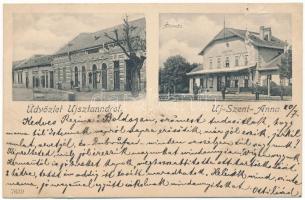 1905 Újszentanna, Új-Szt.-Anna, Szentanna, Santana; vasútállomás, Henny Sándor üzlete / railway station, shops (b)