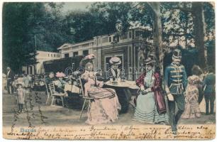 1906 Buziásfürdő, Baile Buzias; fürdő vendéglő, étterem. Montázs hölgyekkel a teraszon / spa restaurant, montage with ladies on the terrace (EM)