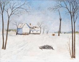 Andrásy R jelzéssel: Téli tanya. Olaj, vászon. Hátoldalán női akt. 40x50,5 cm.