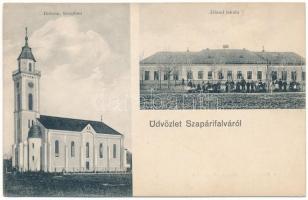 Szapáryfalva, Szapárifalva, Tipari; Református templom, állami iskola. Schlänger Károly és Társa cég kiadása / Calvinist church, school (ázott sarok / wet corner)