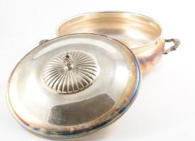 Antik ezüstözött fedeles edény, d: 24 cm, m: 3 cm