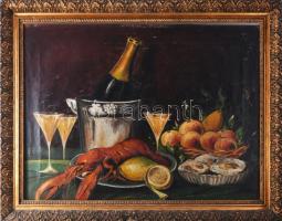 G. Müller-Siedenburg jelzéssel: Csendélet homárral és pezsgővel, 1921. Olaj, vászon. Apró felületi sérülésekkel. Dekoratív, kissé sérült fakeretben. 48x64 cm.