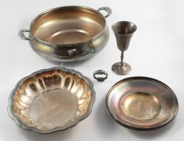 4 darab régi ezüstözött tárgy. Kínálóedény, kehely, fedő, kínáló, d: 31 cm alatt