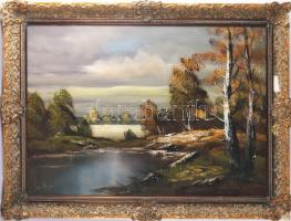 Olvashatatlan (Smith?) jelzéssel, XX. sz. vége: Vízparti táj. Olaj, vászon. Dekoratív, sérült fakeretben. 50x70 cm.