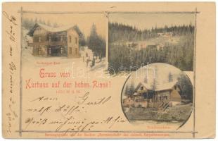 1899 Szebenjuharos, Hohe Rinne, Paltinis; Gruss vom Kurhaus auf der hohen Rinne! 1420 M. ü. M. Seitenpavillon, Touristenhaus. Herausgegeben von der Section "Hermannstadt" des siebenb. Karpathenvereins / Oldalsó pavilon, gyógyház, Turistaház télen / pavilion, spa, tourist house in winter. Art Nouveau (EM)
