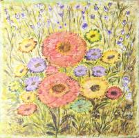 Olvashatatlan jelzéssel: Lóportré. Olaj, farost. Hátoldalán virágzó rét. Apró sérülésekkel. 69x69 cm