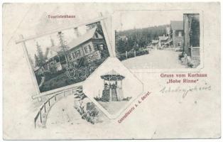 Szebenjuharos, Hohe Rinne, Paltinis; Gruss vom Kurhaus Hohe Rinne. Touristenhaus, Conradtwarte a. d. Oncest. Herausg. v. d. Sektion "Hermannstadt" S.K.V. / Gyógyház, turistaház, kilátótorony / spa, tourist house, lookout tower. Art Nouveau (r)