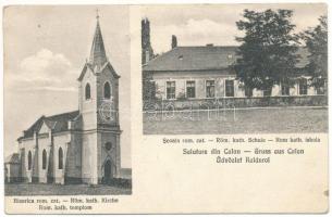 1929 Pusztakalán, Kalán, Calan; Római katolikus templom és iskola. Adolf Wollmann kiadása, Jos. H. Briegel felvétele / Biserica rom. cat., Scoala rom. cat. / Catholic church and school (EK)