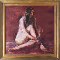 Wagner János (1936-2022): Női akt. Olaj, farost, jelezve jobbra lent. Hátoldalán autográf felirattal. Dekoratív, éleinél kissé sérült fakeretben. 50×50 cm