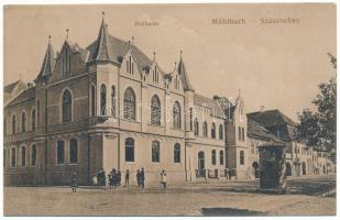 1912 Szászsebes, Mühlbach, Sebesul Sasesc, Sebes; Rathaus. A. Gross / községháza / town hall + "VÖRÖSTORONY - ALVINCZ 370" vasúti mozgóposta bélyegző (EB)