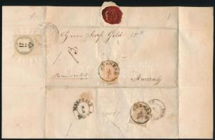 1857 3kr (hajtott, elrepedt / folded, aparted) + 6kr távolsági levélen "KÖRMEND" - Marcali, belül 12kr okmánybélyeg
