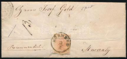 1857 3kr (hajtott, elrepedt / folded, aparted) + 6kr távolsági levélen "KÖRMEND" - Marcali...