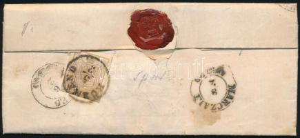 1857 3kr (hajtott, elrepedt / folded, aparted) + 6kr távolsági levélen "KÖRMEND" - Marcali...