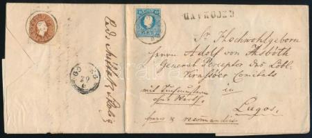 1861 1858 15kr + 1861 10kr ritka vegyes bérmentesítés ajánlott levélen (50.000) "HOLITSCH" + "RECOMAND" - Lugos