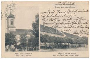1915 Aurélháza, Rauti (Temes); Római katolikus templom, Regécz József üzlete / Röm. kath. Kirche, Das Geschäft von Josef Regécz / Catholic church, shop (fl)