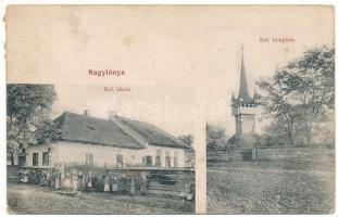 1921 Lónya, Nagylónya; Református iskola és templom (ragasztónyom / glue marks)