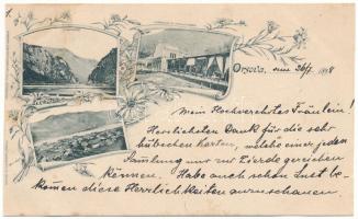 1898 Orsova, Kazán-szoros, gyógyterem Herkulesfürdőben, látkép. G. Hutterer kiadása / Kasanenge, Kursalon in Herkulesbad / Cazane / gorge, spa in Baile Herculane, general view. Lichtdruck Kretzschmar &amp; Schatz Art Nouveau, floral (vágott / cut)