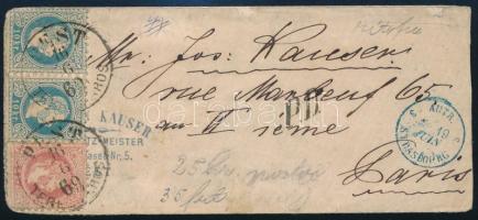 1869 5kr + 2 x 10kr levélen Bécsen keresztül Párizsba "PEST / TERÉZVÁROS" (MBK 1.200 p)