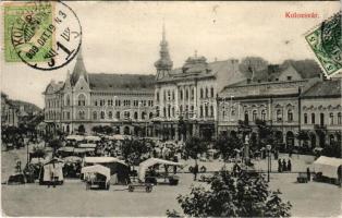 1909 Kolozsvár, Cluj; Piac tér, Farkas J.,Vlad János üzlete, varrógép és kerékpár raktár. Schuster Emil kiadása / shops, market. TCV card (r)