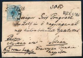 ~1856 6kr MP + 9kr MP ajánlott levélen "MISKOLCZ" - "ZSOLNA"