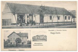 Nagyzsám, Jamu Mare; Bahnhof, Geschäft J. Parsche, Gemeindehaus / Vasútállomás, J. Parsche üzlete, községháza, Dajkovits J. utóda kiadása (Versec) / railway station, shop, town hall (EK)