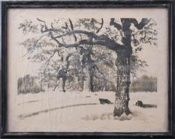 Fényes jelzéssel: Téli táj. Akvarell, papír, jelzett, alul vízfoltos, üvegezett keretben 25x35 cm