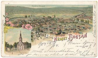 1904 Boksánbánya, Németbogsán, Deutsch-Bogsan, Bocsa Montana; Theilansicht, Katholische Kirche / látkép, katolikus templom / view, church. Hermann Spärger &amp; Bruder Art Nouveau, floral, litho (kopott sarkak / worn corners)