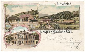 1899 Boksánbánya, Németbogsán, Deutsch-Bogsan, Bocsa Montana; Demetrovits szálloda, Kolczán, Takarékpénztár. Enders-féle Műintézet / hotel, látkép, savings bank. Art Nouveau, floral, litho (vágott / cut)