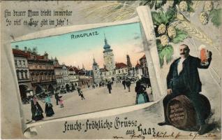 Zatec, Saaz; Ringplatz. Feucht-Fröhliche Grüsse aus Saaz / market square, town hall, shops. Art Nouveau montage, man with beer mug and barrel (EK)